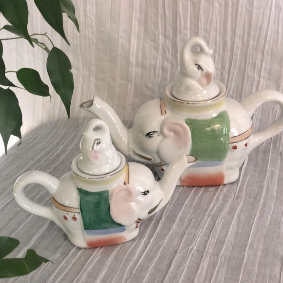 Pier 1 Elephant Teapot Set - White, Green, and Pink - Picture 1 of 14